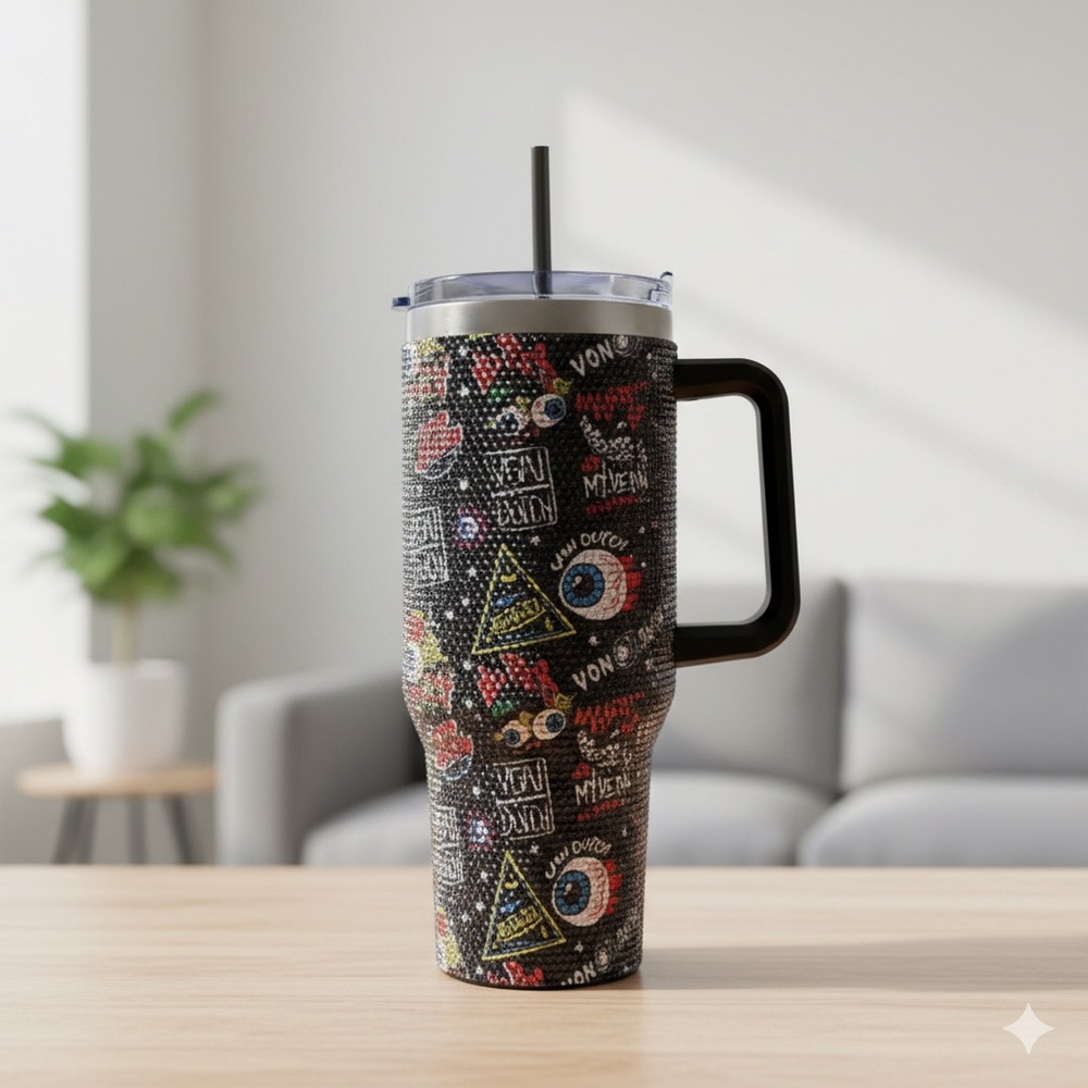 NWT Von Dutch Bling Rhinestone Tumbler Cup w/ Handle & Straw – Evil Eye Design